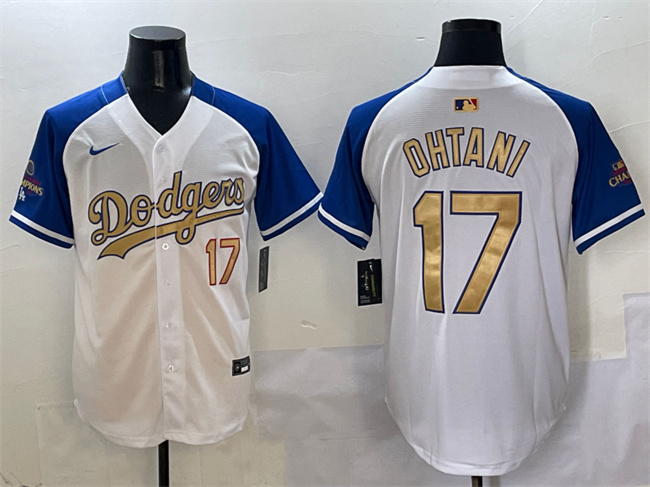 Men's Los Angeles Dodgers #17 Shohei Ohtani White/Royal/Gold 2024 World Series Champions Vapor Limited Stitched Baseball Jersey Men's Los Angeles Dodgers #17 Shohei Ohtani White/Royal/Gold 2024 World Series Champions Vapor Limited Stitched Baseball Jersey